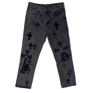 Chrome Hearts Black & Grey Silver Cross Patch Jeans Size 34